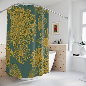 Boho Duschvorhang Blumen Senfgelb, Herbst Duschvorhang, Boho Badezimmer Dekor, Herbst Duschvorhang Boho, Duschvorhang Boho
