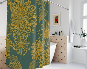 Boho Shower Curtain Floral Mustard Yellow, Fall Shower Curtain, Boho Bathroom Decor, Fall Shower Curtain Boho, Shower Curtain Boho