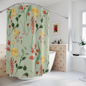 Floral grün Wildblumen Aquarell Boho Duschvorhang, hellgrün Blumen Boho Duschvorhang, Boho Badezimmer Dekor, Duschvorhang Boho