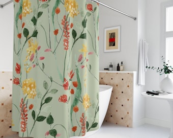 Floral Green Wildflower Watercolor Boho Shower Curtain, Light Green Floral Boho Shower Curtain, Boho Bathroom Decor, Shower Curtain Boho