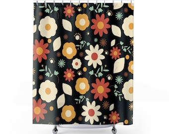 Black Floral Boho Shower Curtain, Shower Curtain Fall, Black Boho Shower Curtain, Boho Flower Shower Curtain, Boho Bathroom Decor
