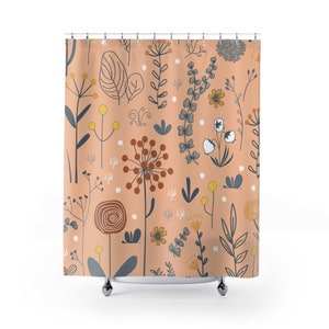 Peach Floral Boho Shower Curtain, Fall Shower Curtain, Cute Floral Boho Shower Curtain, Boho Floral Bathroom Decor, Boho Bathroom Decor
