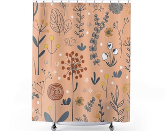Peach Floral Boho Shower Curtain, Fall Shower Curtain, Cute Floral Boho Shower Curtain, Boho Floral Bathroom Decor, Boho Bathroom Decor