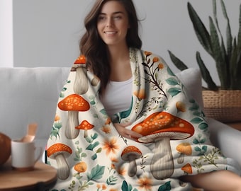 Mushroom Floral Boho Blanket, Mushroom Plush Blanket, Mushroom Boho Decor, Mushroom Cottagecore Home Decor, Cute Mushroom Blanket