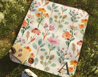 Monogrammed Boho Floral Picnic Blanket, Cute Spring Summer Floral Picnic Blanket, Outdoor Blanket, Personalized Waterproof Picnic Blanket