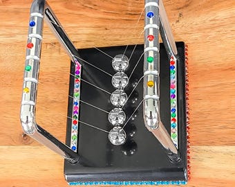 Rhinestone Newton's Cradle: Kinetic Desk Toy, Physics Decor