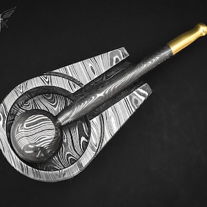 Prime Damascus Steel Pipe & Ashtray Set | Cigar or Pipe Holder Stand | Tobacco Steel Pipe | Handmade Pipe Ashtray | Centerpiece Home Decor