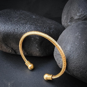 Unisex Golden Twisted Rope Cuff Bracelet - Gold Polished German Silver Bangle - Adjustable