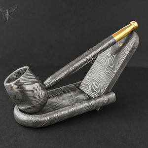 Prime Damascus Steel Handmade Pipe & Ashtray Stand Set | Pipe Holder Stand | Tobacco Steel Pipe | Handmade Pipe Stand | Table Decor
