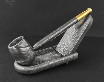 Prime Damascus Steel Handmade Pipe & Ashtray Stand Set | Pipe Holder Stand | Tobacco Steel Pipe | Handmade Pipe Stand | Table Decor
