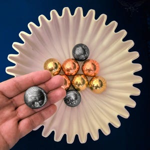 Handcrafted 30mm Metal Balls Set with Holders in Marble Bowl – Baoding, Decor, Therapy, Science, Gift, Planetarium / Celestial Decor Pods