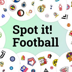 May include: A game card with the text "Spot it! Football" in black. The card features various football team logos arranged in white circles against a light green background. Logos include Juventus, FC Barcelona, and Real Madrid.