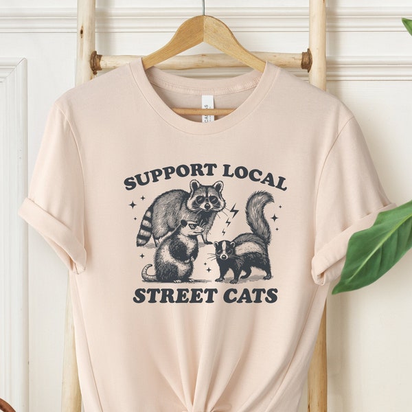 Support Your Local Street Cats Graphic T-Shirt, Retro Unisex Adult T Shirt, Vintage Raccoon T Shirt, Nostalgia T Shirt, Relaxed Cotton Tees