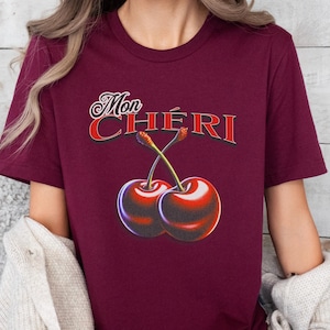 Camiseta Mon Cheri, camiseta Ma Cherie, camiseta Coquette, camiseta Cherries, camiseta Cherry, camisetas de mujer, cuello redondo de moda, camiseta Fresh Cherrys para ella