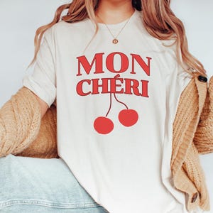 Camiseta Mon Cheri, camiseta Ma Cherie, camiseta Coquette, camiseta Cherries, camiseta Cherry, camisetas de mujer, cuello redondo de moda, camiseta Fresh Cherrys para ella