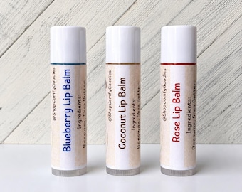 Handmade Natural Lip Balm | Shea Butter, Blueberry, Coconut, Rose Flavors