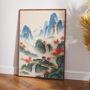 Asian Mountain with Waterfalls and Mist, Traditional Art, Digital Download, Printable