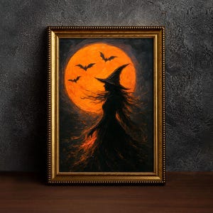 Witch Silhouette Art Print, Halloween Witch Poster, Moon with Flying Bats Artwork, Scary Haunted, Ghotic Halloween Wall Decor