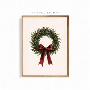 Christmas Wreath Wall Art, Red Bow Christmas Print, Festive Watercolor Artwork, Digital Download Holiday Decor,