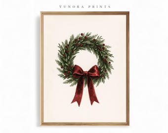 Christmas Wreath Wall Art, Red Bow Christmas Print, Festive Watercolor Artwork, Digital Download Holiday Decor,