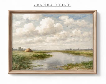 Tranquil River Landscape Art, Serene Nature Wall Print, Digital Download