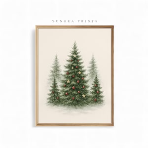 May include: Watercolor print of Christmas trees in a gold frame. The trees are green with red ornaments and gold star decorations. The print has a soft, vintage aesthetic, with the text "YUNORA PRINTS" at the top.