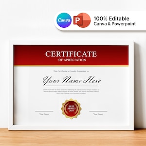 Certificado de oro rojo / Plantilla de Canva / Certificado de reconocimiento / Certificado de logro / Certificado elegante / Premio / Finalización