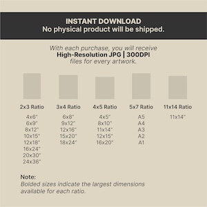 May include: An image with text detailing instant download information for digital artwork. It lists various aspect ratios, including 2x3, 3x4, 4x5, 5x7, and 11x14, with corresponding dimensions in inches. The text also specifies high-resolution JPG files.