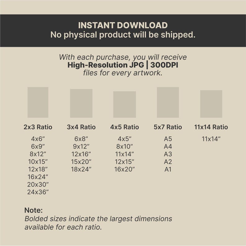 May include: An image with text detailing instant download information for digital artwork. It lists various aspect ratios, including 2x3, 3x4, 4x5, 5x7, and 11x14, with corresponding dimensions in inches. The text also specifies high-resolution JPG files.