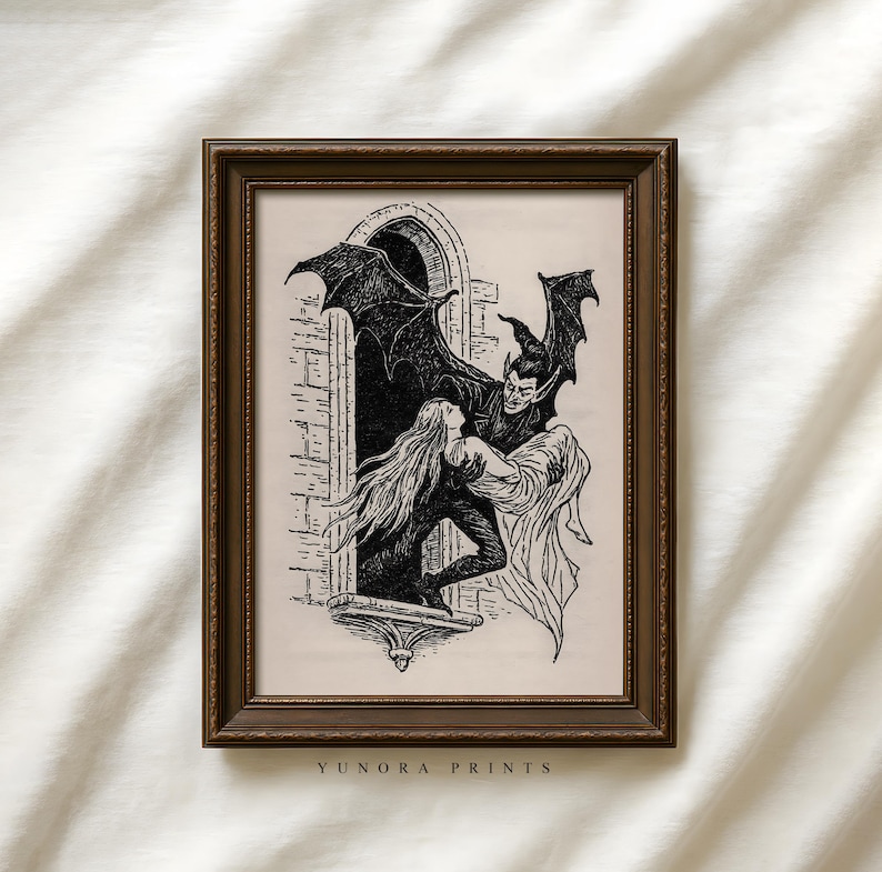 May include: A framed black and white illustration depicting a gothic scene. A winged figure embraces a person in a window. The artwork is in a dark brown frame. The text "YUNORA PRINTS" is at the bottom.