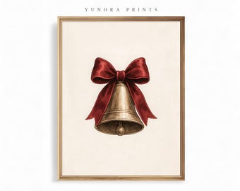 Vintage Christmas Bell Art, Red Bow Holiday Print, Christmas Wall Decor, Festive Download