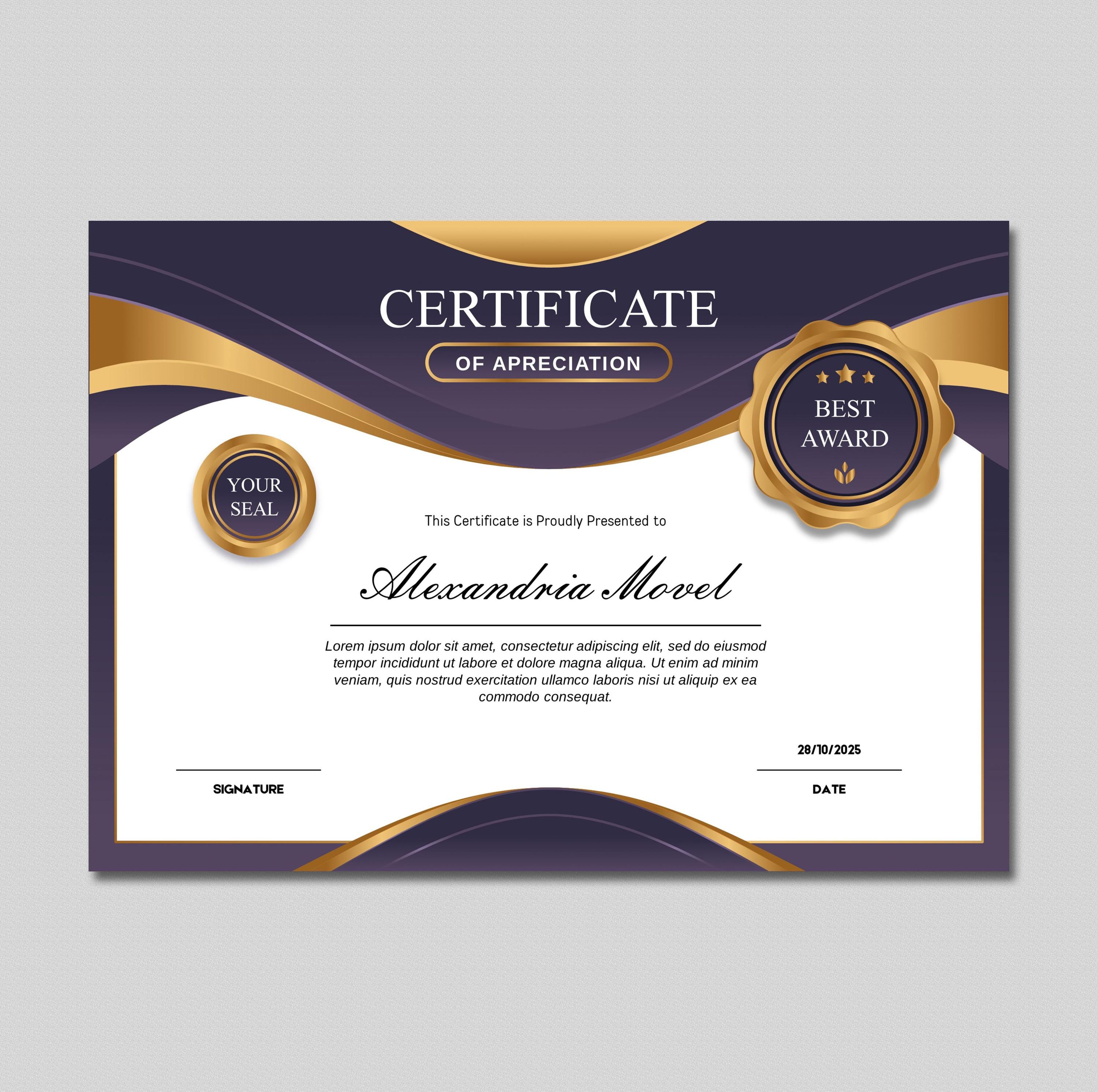 Luxury and Modern Purple Gold Certificate Template Editable in Canva ...