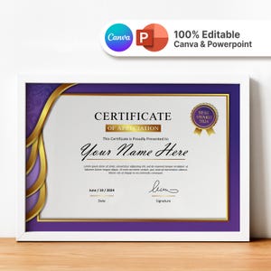 Certificado morado de lujo / Plantilla Canva / De agradecimiento / Logro / Certificado elegante / Premio / Finalización