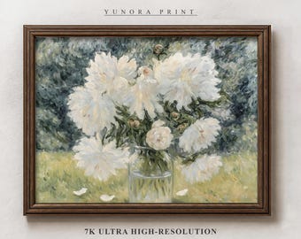 Stampa di peonie bianche in vaso di vetro, poster floreale impressionista, stampa digitale da parete