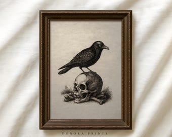 Raven on Skull Digital Art Print, Gothic Halloween Wall Decor, Dark Vintage Illustration, Digital Download