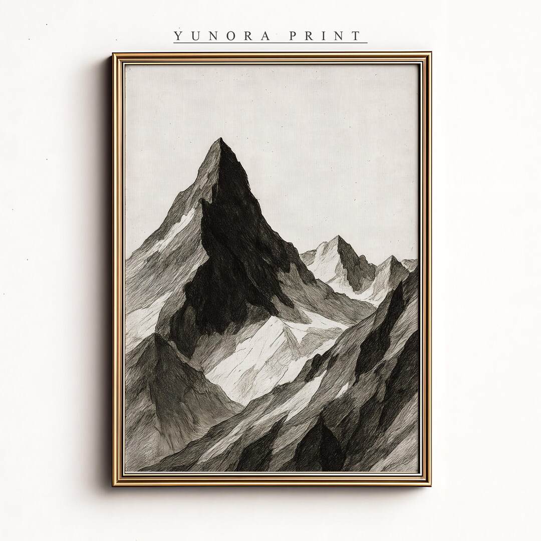 Minimalist Mountain Sketch Art, Black and White Mountain Wall Print ...
