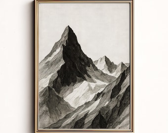 Minimalist Mountain Sketch Art, Black and White Mountain Wall Print, Digital Landscape Drawing Printable