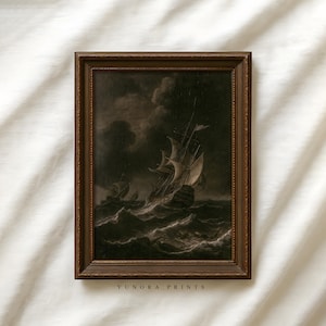 May include: A framed vintage print depicts a stormy sea with sailing ships. The artwork, in shades of gray and brown, shows a ship battling waves under a dark, cloudy sky. The frame is a dark brown with decorative detailing. The text "YUNORA PRINTS" is at the bottom.