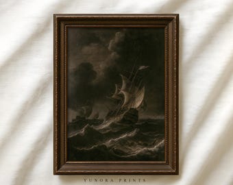 Stormy Sea Ship Print, Vintage Sailing Vessel in Dark Ocean Painting,  Maritime Wall Art, Nautical Antique Decor
