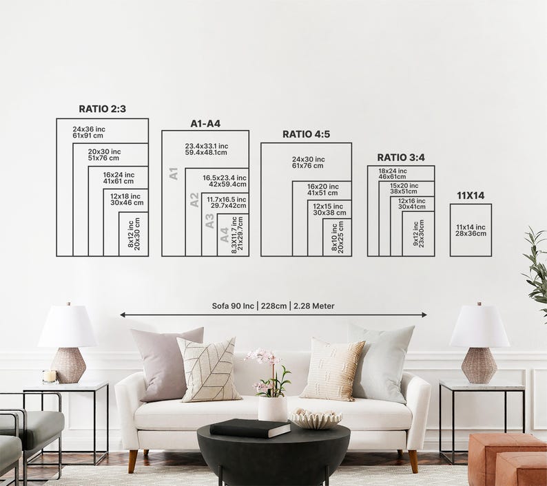 May include: A white wall displays a variety of rectangular art print sizes, including 24x36 inches, 20x30 inches, and 16x24 inches. The text on the wall indicates the aspect ratios and dimensions in inches and centimeters. A sofa and lamps are in the foreground.