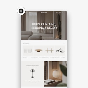 Könnte beinhalten: Ein Website-Mockup für Studio Haus, das Einrichtungsgegenstände zeigt. Die Seite zeigt den Text "Rugs, Curtains, Bedding & Decor". Darunter befinden sich Bilder von Neuankömmlingen, darunter Glaswaren, ein dekoratives Tablett und eine Lampe. Die Website hat ein minimalistisches Design.