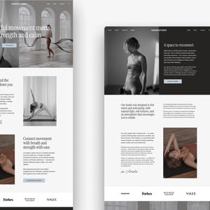 May include: A website layout with a minimalist design, featuring images of yoga poses and the text "HAVEN STUDIO." The site promotes mindful movement and strength, with sections on awareness and connecting movement with breath.