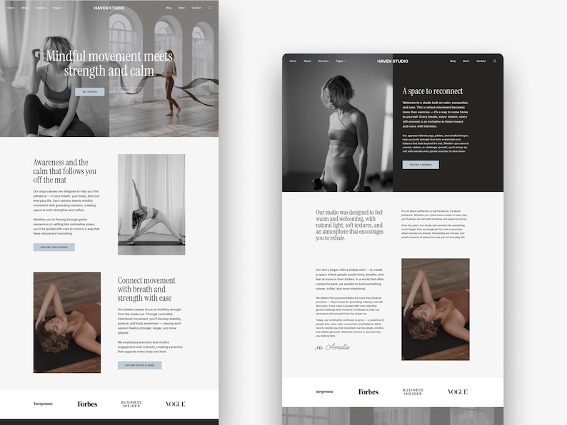 May include: A website layout with a minimalist design, featuring images of yoga poses and the text "HAVEN STUDIO." The site promotes mindful movement and strength, with sections on awareness and connecting movement with breath.