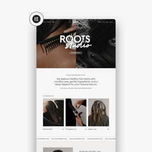 May include: A website mockup for Roots Studio, featuring a logo and images related to hair care. The logo reads "ROOTS Studio" in a stylized font. The website emphasizes mindful care and gentle ingredients for healthy hair.