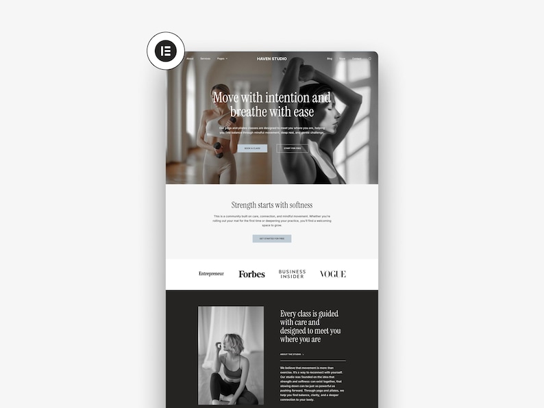 May include: A website design with a black and white theme. The top section features the text "Move with intention and breathe with ease." Below, the text reads "Strength starts with softness." Logos for Forbes, Business Insider, and Vogue are also visible.