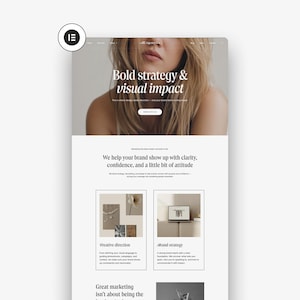 May include: A website mockup featuring a woman's face and the text "Bold strategy & visual impact". The text "We help your brand show up with clarity, confidence, and a little bit of attitude" is also displayed.