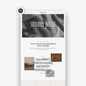 Puede incluir: Maqueta de sitio web para Sunday Muse, un estudio de fotografía y videografía. El diseño es minimalista, con una paleta de colores en escala de grises. El texto incluye "SUNDAY MUSE", "Honest MOMENTS" y "EFFORTLESS storytelling".
