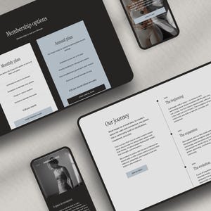 May include: A digital display of a website with membership options, including monthly and annual plans. Two smartphones and a tablet are also visible, displaying website content. The layout is clean, with a focus on text and a minimalist design.