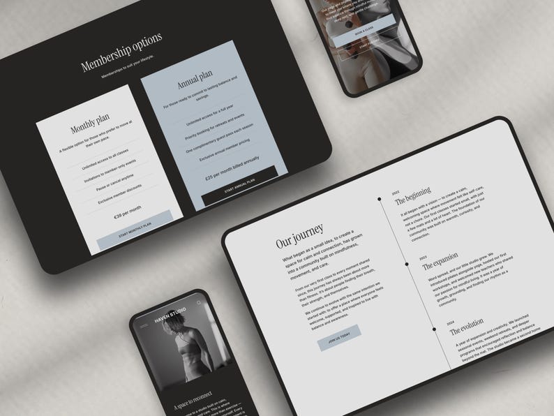 May include: A digital display of a website with membership options, including monthly and annual plans. Two smartphones and a tablet are also visible, displaying website content. The layout is clean, with a focus on text and a minimalist design.