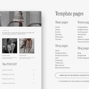 May include: A website template page layout with a minimalist design. The page features a header with the word "Resources" and a section titled "Template pages" with lists of main, shop, and blog pages. The design is clean and modern, with a focus on readability.